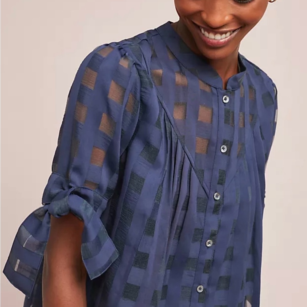 Current Air Navy Checkered Blouse with Tie Sleeves